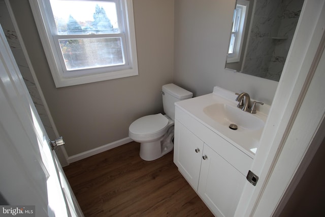 bathroom with wood-type flooring, vanity, and toilet