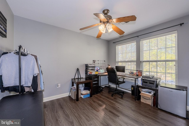 home office featuring ceiling fan and dark wood-type flooring