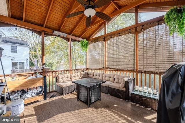 exterior space featuring outdoor lounge area, ceiling fan, and a grill