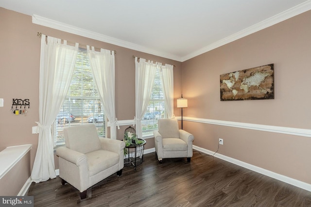 living area with plenty of natural light, ornamental molding, and dark wood-type flooring