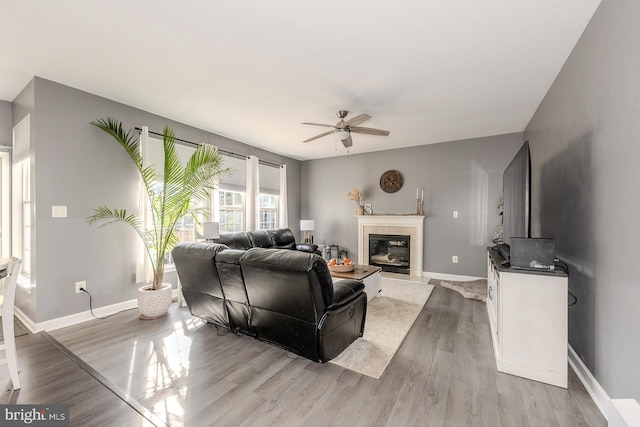 living room with ceiling fan and light wood-type flooring