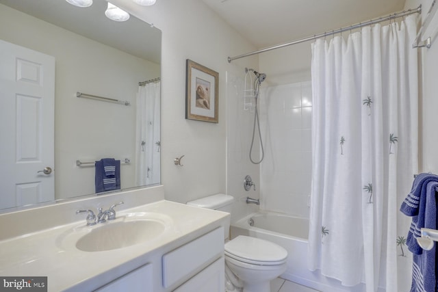 full bathroom with toilet, vanity, shower / bath combination with curtain, and tile patterned floors