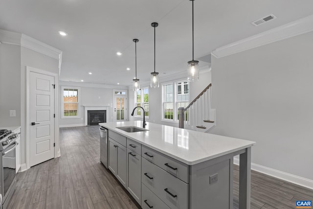 kitchen featuring sink, appliances with stainless steel finishes, dark hardwood / wood-style floors, decorative light fixtures, and an island with sink