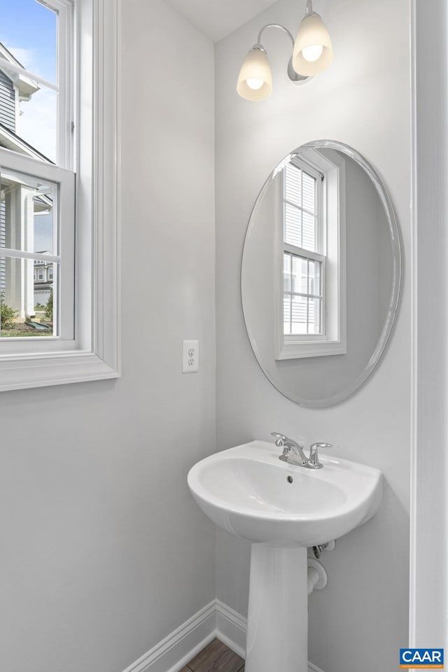 bathroom with wood-type flooring and a healthy amount of sunlight