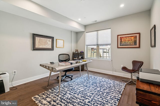 home office featuring dark wood-type flooring