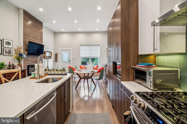 kitchen featuring a fireplace, light wood-type flooring, dark brown cabinets, exhaust hood, and stainless steel dishwasher