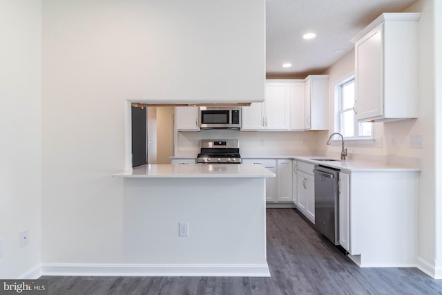 kitchen with kitchen peninsula, dark hardwood / wood-style flooring, stainless steel appliances, sink, and white cabinetry