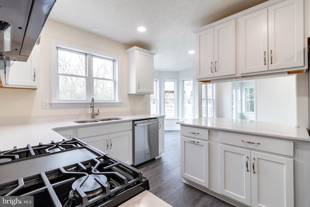 kitchen featuring dishwasher, a textured ceiling, dark hardwood / wood-style flooring, white cabinetry, and range with gas cooktop