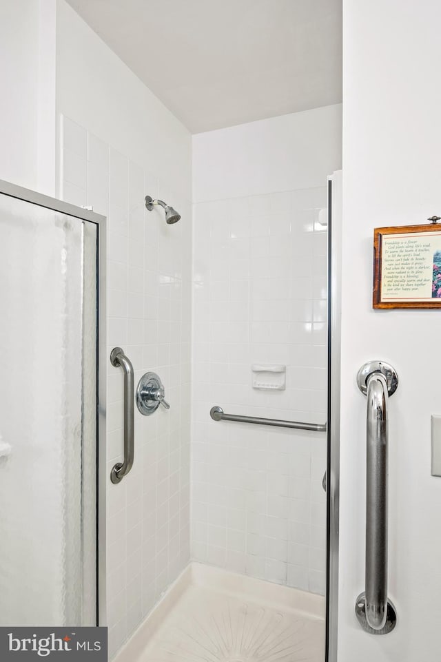 bathroom featuring a shower with shower door