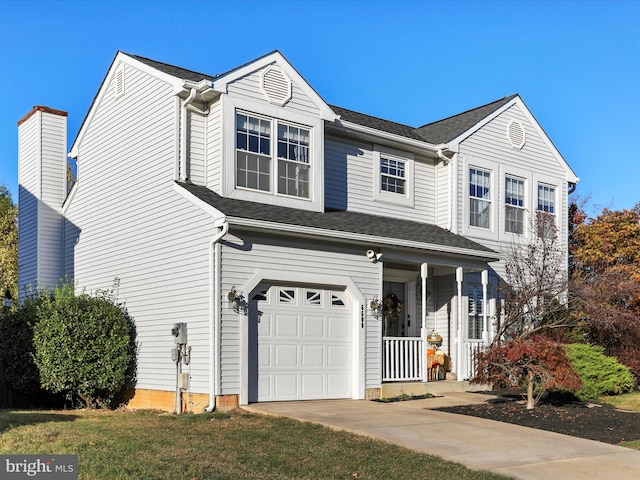 view of front of home featuring a garage, a front lawn, and a porch