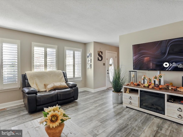 living room featuring a textured ceiling and light hardwood / wood-style flooring