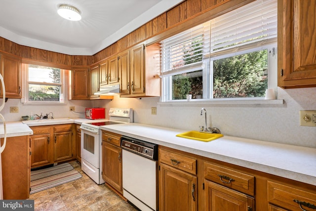 kitchen featuring a wealth of natural light, sink, and white appliances