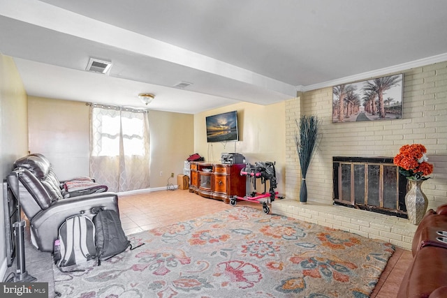 interior space featuring a fireplace and light tile patterned flooring