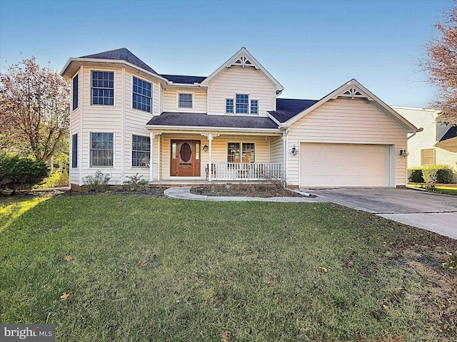 view of front facade featuring a front lawn, covered porch, and a garage