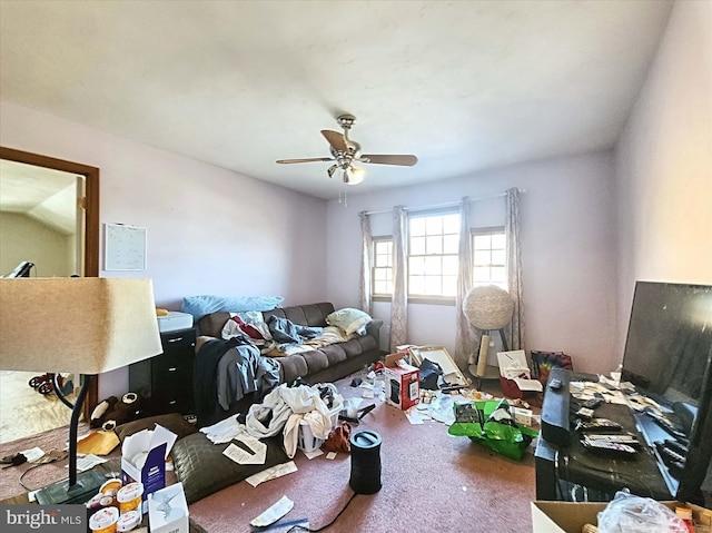 living room with carpet flooring and ceiling fan