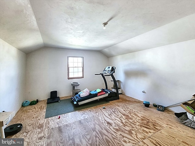 exercise room featuring hardwood / wood-style floors and lofted ceiling