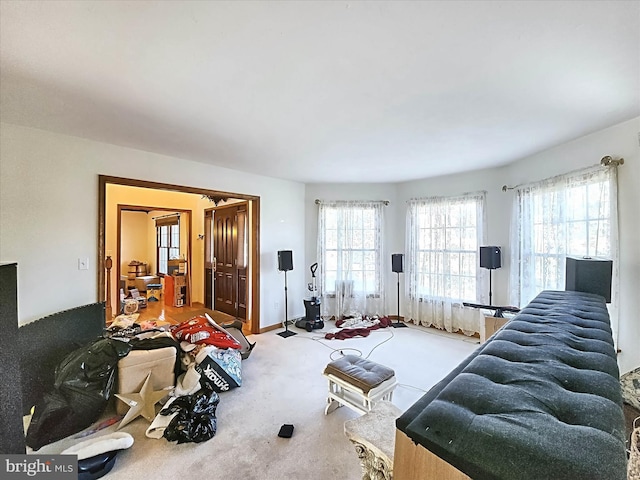 living room with a wealth of natural light and carpet