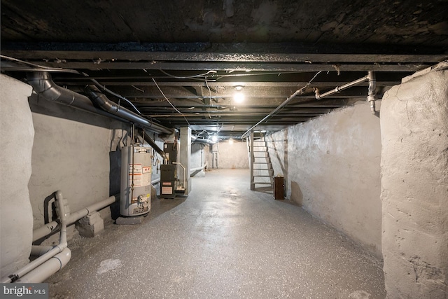 basement featuring water heater and heating unit