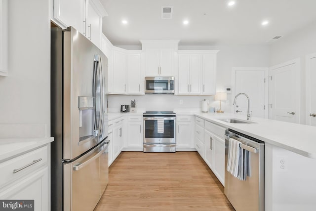 kitchen featuring white cabinetry, sink, light wood-type flooring, and stainless steel appliances