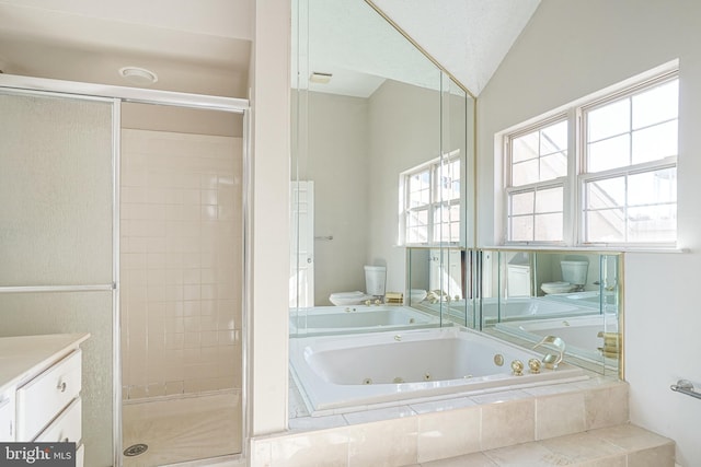 full bathroom with toilet, shower with separate bathtub, vanity, and vaulted ceiling