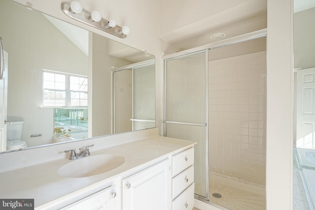 bathroom with walk in shower, vanity, toilet, and lofted ceiling