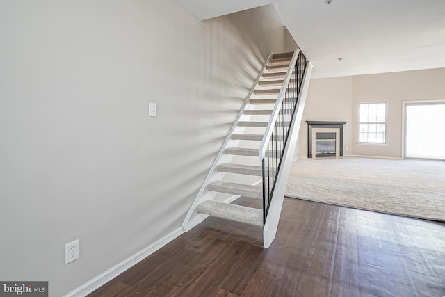 staircase with hardwood / wood-style flooring