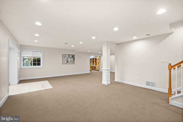 basement with light carpet