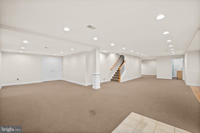 basement with light carpet