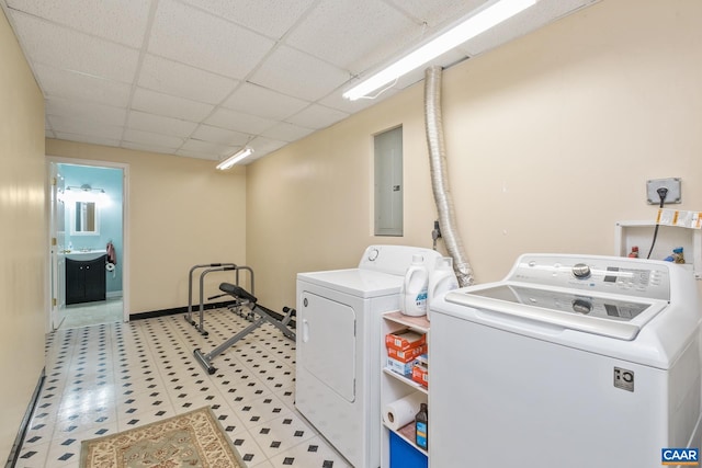 laundry area featuring electric panel and washing machine and clothes dryer