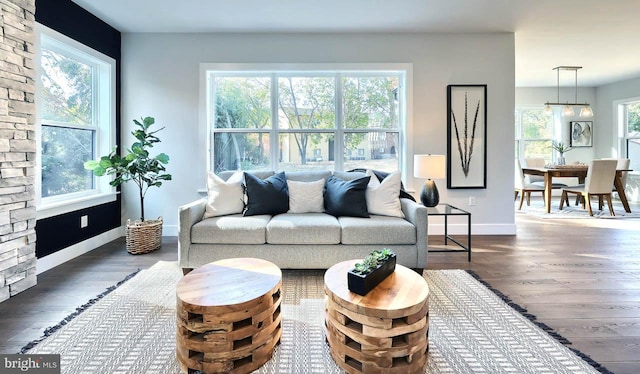 living room with a stone fireplace, a wealth of natural light, and dark hardwood / wood-style flooring