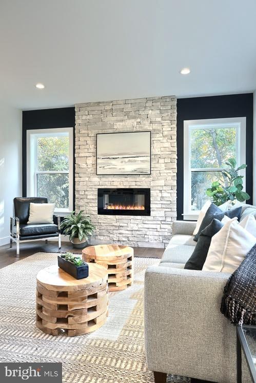 living room featuring a fireplace and hardwood / wood-style flooring