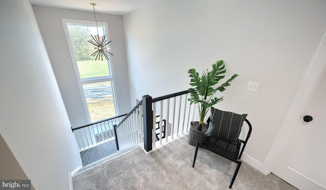 stairway featuring a chandelier and carpet floors