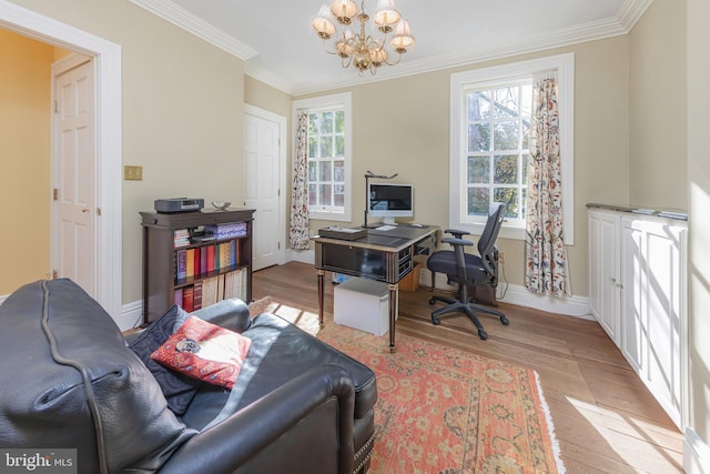 office area with a healthy amount of sunlight, crown molding, and light hardwood / wood-style flooring