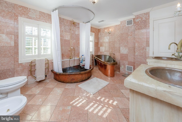 bathroom featuring a shower with curtain, tile walls, and ornamental molding