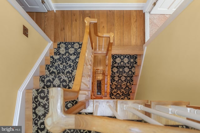 stairs with wood walls and ornamental molding