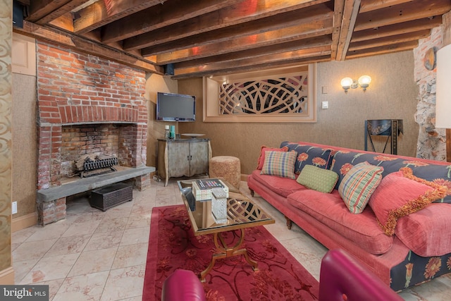 living room featuring beam ceiling