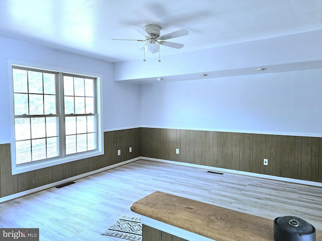 spare room featuring ceiling fan, wooden walls, and light hardwood / wood-style floors