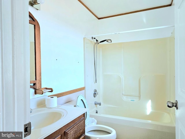 full bathroom featuring washtub / shower combination, vanity, and toilet