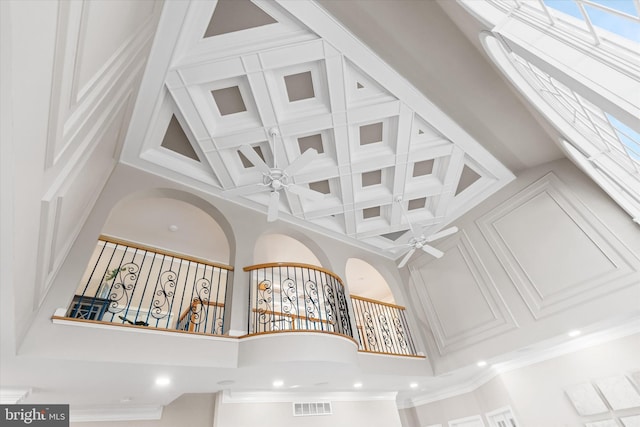 room details featuring recessed lighting, visible vents, ornamental molding, and ceiling fan