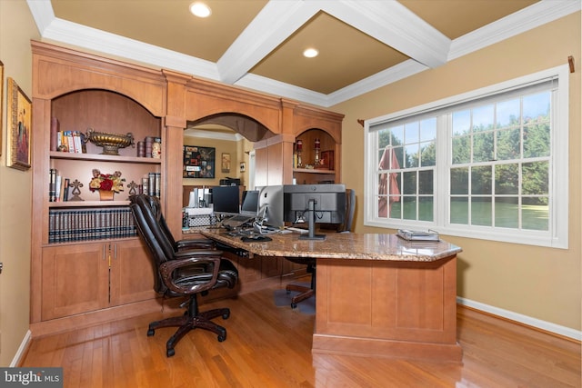 office area with beamed ceiling, crown molding, and wood finished floors