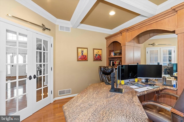 office with crown molding, french doors, wood finished floors, and visible vents