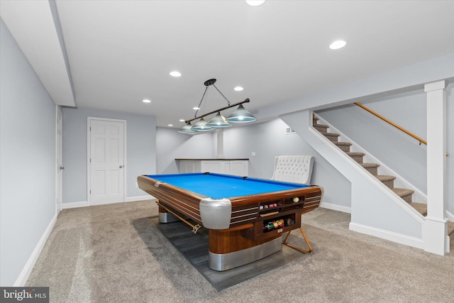 game room with recessed lighting, baseboards, billiards, and carpet floors