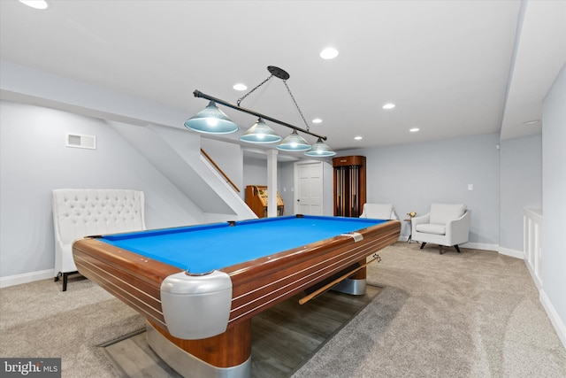 game room with visible vents, pool table, baseboards, and carpet floors