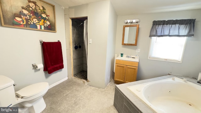 full bathroom with separate shower and tub, toilet, vanity, and tile patterned floors