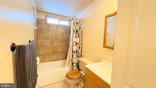 full bathroom featuring toilet, vanity, shower / bath combination with curtain, and tile patterned floors