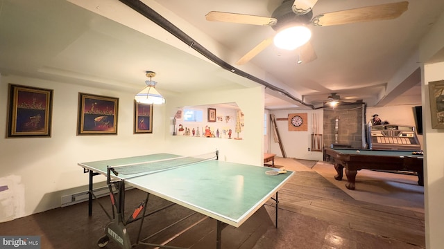 game room with ceiling fan, wood-type flooring, and billiards