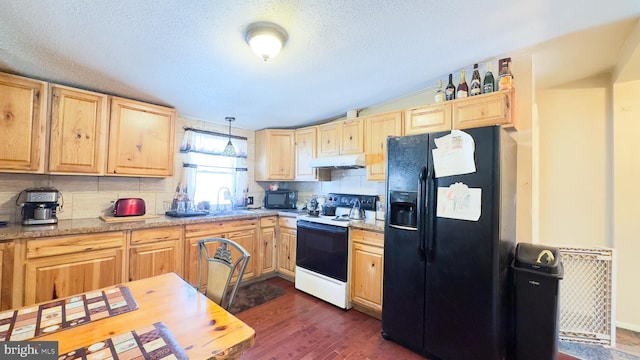 kitchen with dark hardwood / wood-style flooring, hanging light fixtures, black appliances, sink, and tasteful backsplash