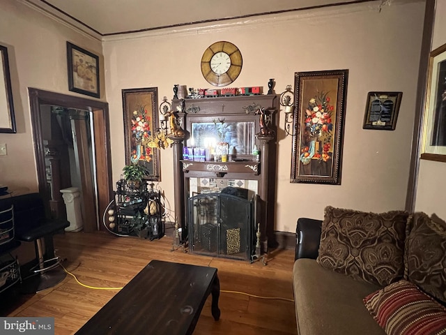 living room featuring hardwood / wood-style flooring and crown molding