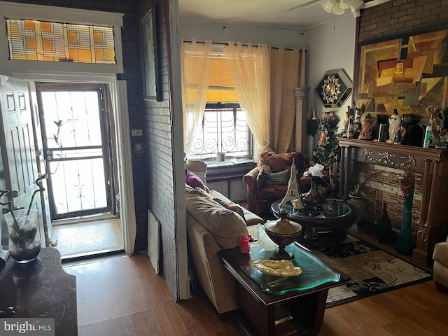 living room featuring hardwood / wood-style floors, ceiling fan, and a healthy amount of sunlight