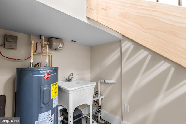 utility room featuring sink and electric water heater